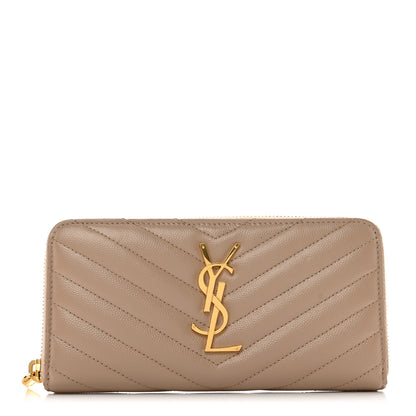 Saint Laurent Grain De Poudre Matelasse Chevron Monogram Zip Around Wallet Dark Beige 1 of 8