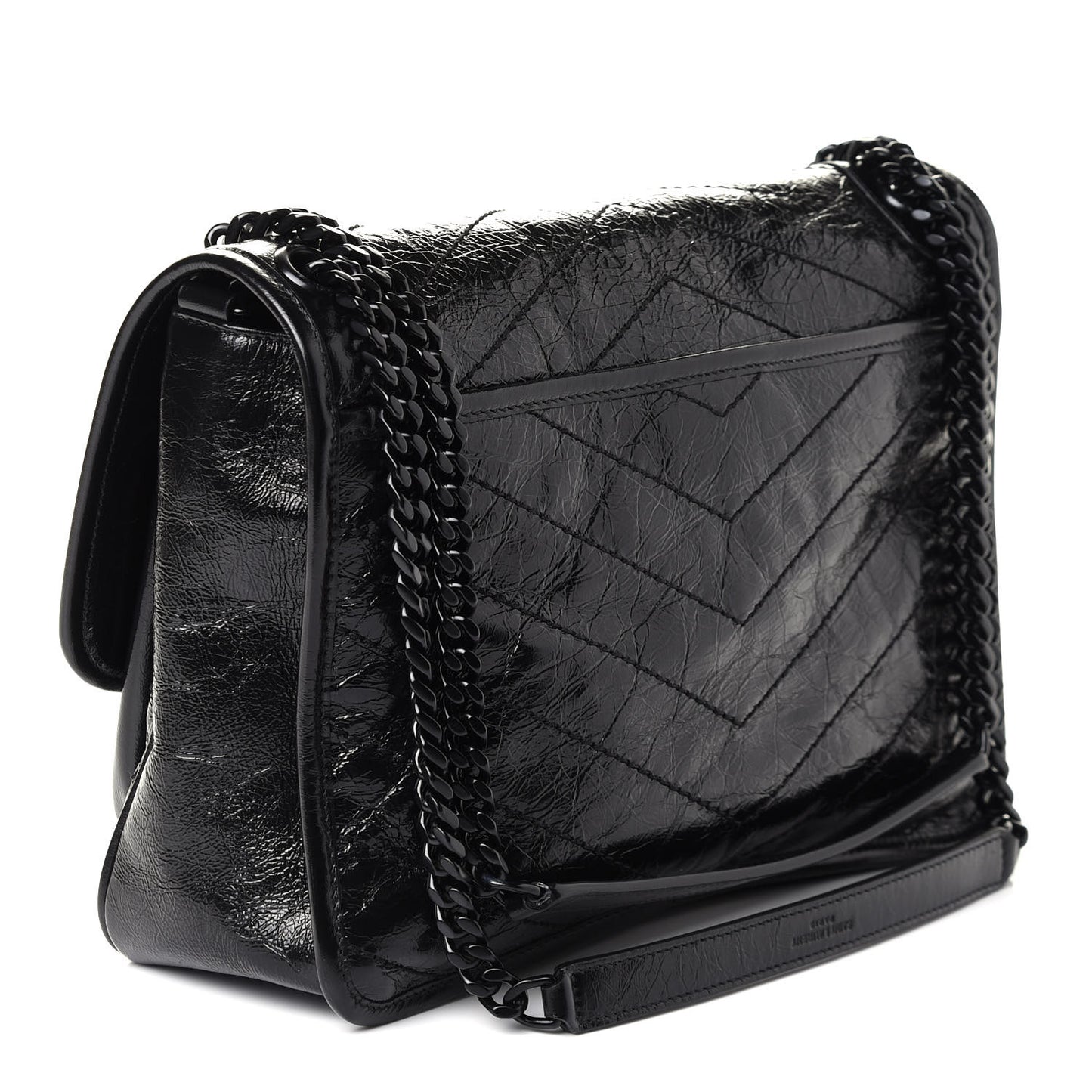 Crinkled Calfskin Matelasse Monogram Medium Niki Chain Satchel Black