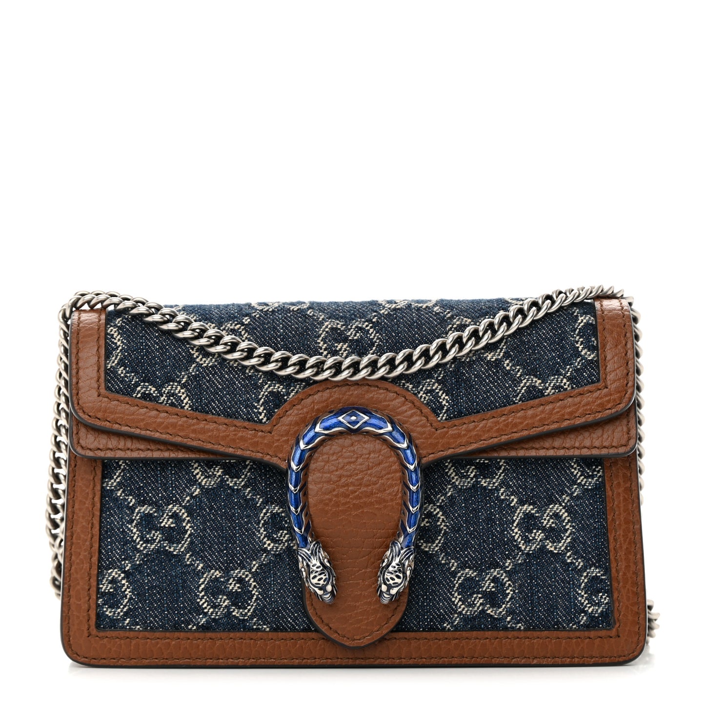 New Denim GG Monogram Dollar Calfskin Enamel Super Mini Dionysus Shoulder Bag Blue Tea Cuir Epilog Electric Blue