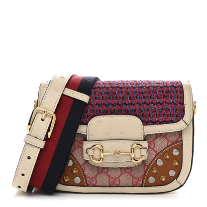 Gucci Ostrich Tweed GG Supreme Monogram Studded Web Mini Horsebit 1955 Shoulder Bag Multicolor 1 of 12