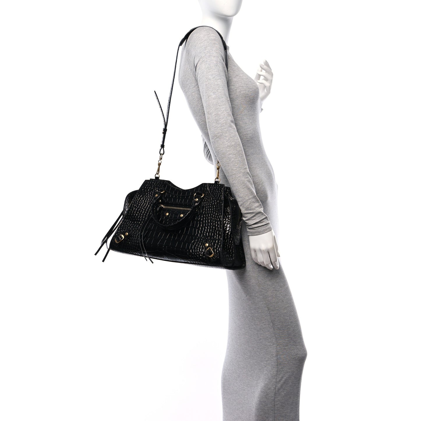 Shiny Supple Calfskin Crocodile Embossed Brass Hardware Neo Classic City Black