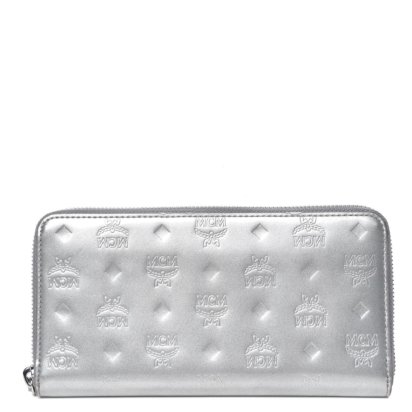 Metallic Monogram Patent Large Zip Around Wallet Silver