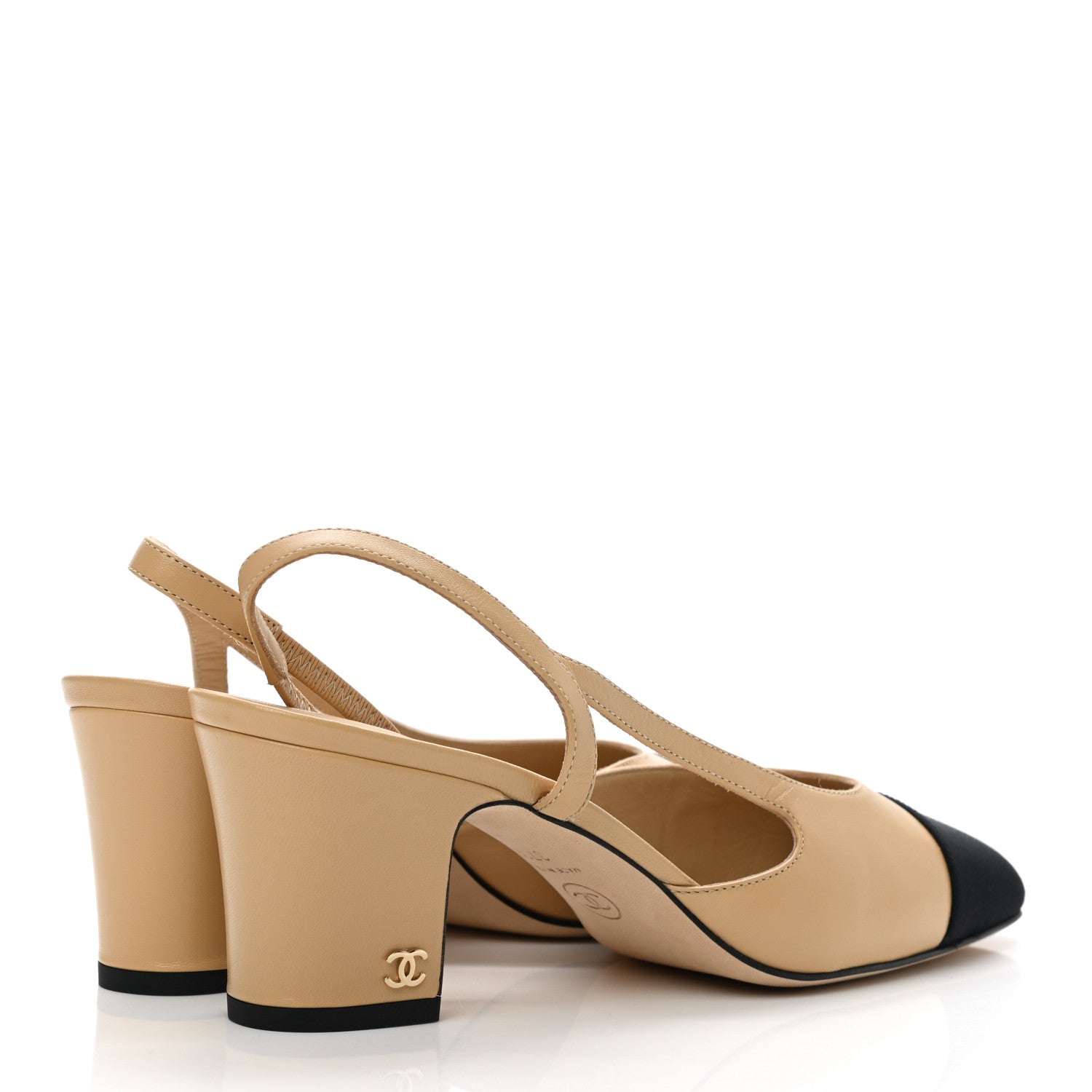 Chanel Goatskin Grosgrain Cap Toe CC Slingback Pumps 37.5 Beige Black 4 of 9