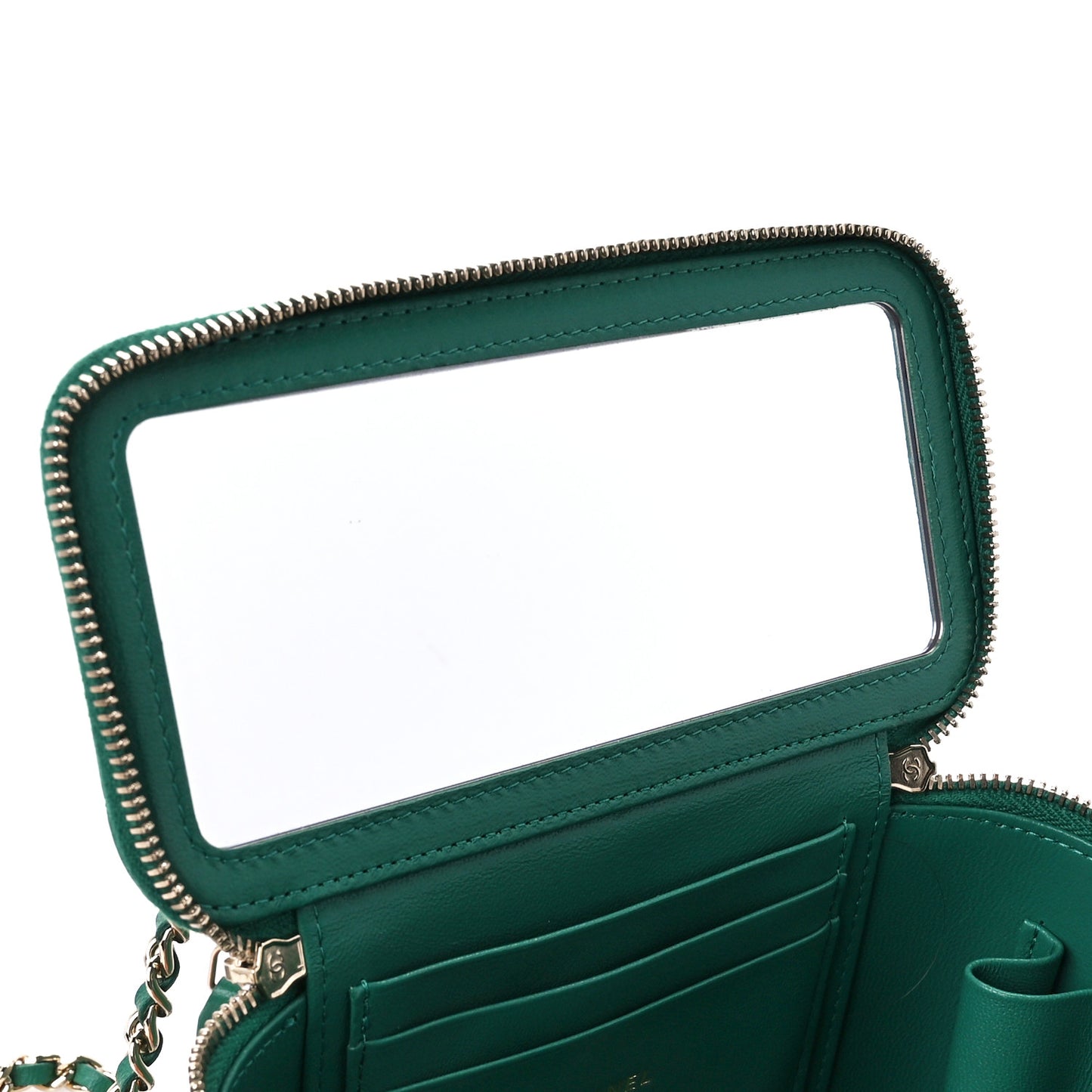 Lambskin Quilted Small Top Handle Vanity Case With Chain Green