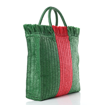 Gucci Raffia Linen Web Cestino Tote Bag Red Green 3 of 10