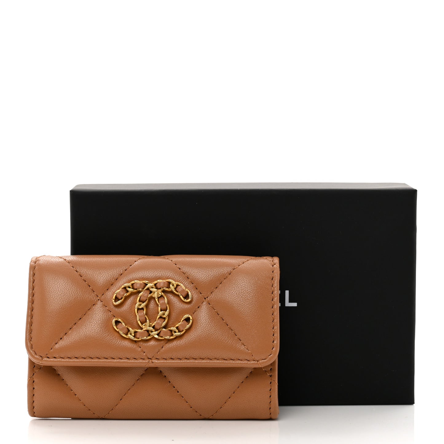 Lambskin Quilted Chanel 19 Flap Card Holder Brown