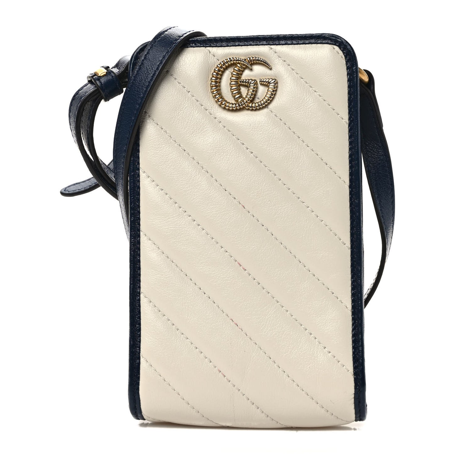 Vintage Effect Calfskin Matelasse Diagonal Torchon GG Marmont Phone Crossbody Bag Mystic White Blue Agata