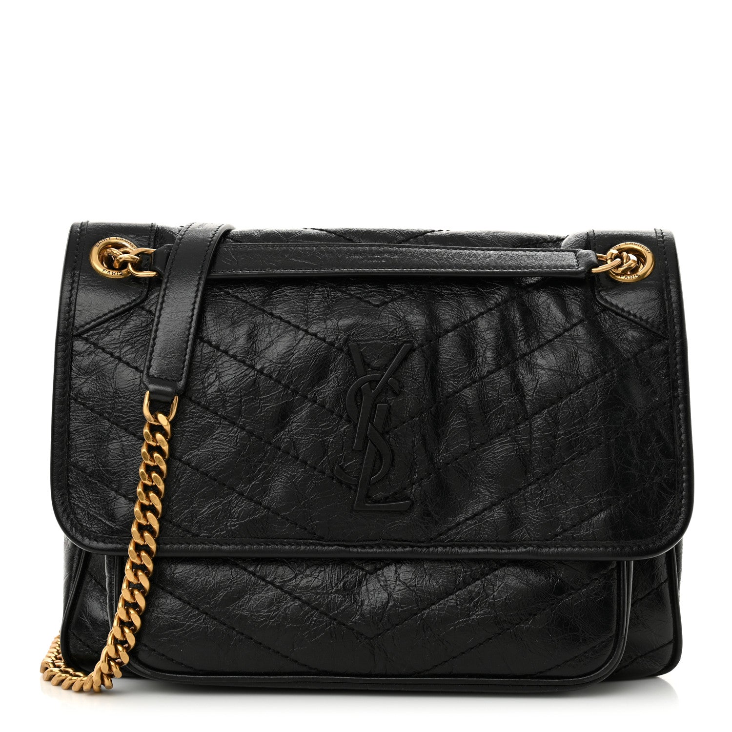 Saint Laurent Crinkled Calfskin Matelasse Monogram Medium Niki Chain Satchel Black 1 of 10