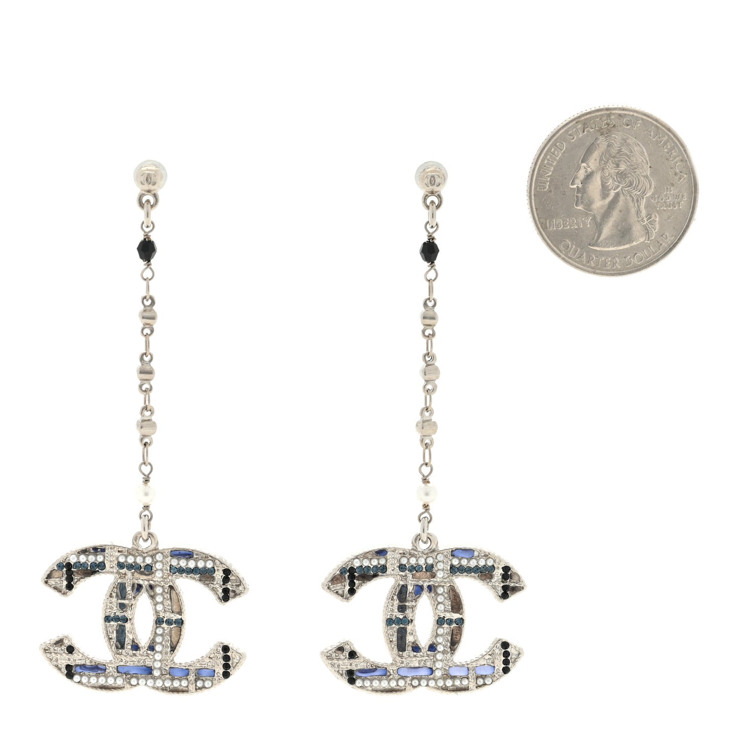 Pearl Crystal CC Tweed Drop Earrings Silver Blue Black