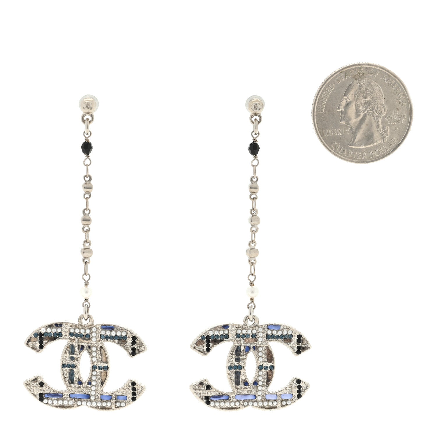 Chanel Pearl Crystal CC Tweed Drop Earrings Silver Blue Black 2 of 4