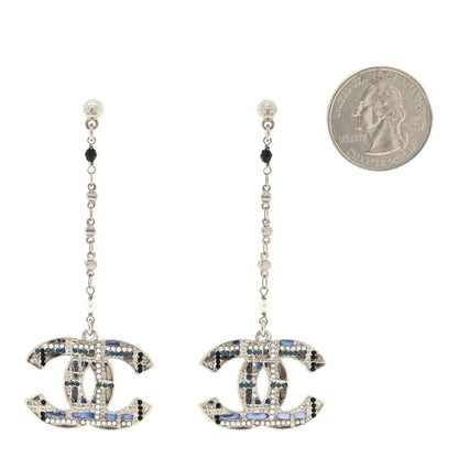 Chanel Pearl Crystal CC Tweed Drop Earrings Silver Blue Black 2 of 4