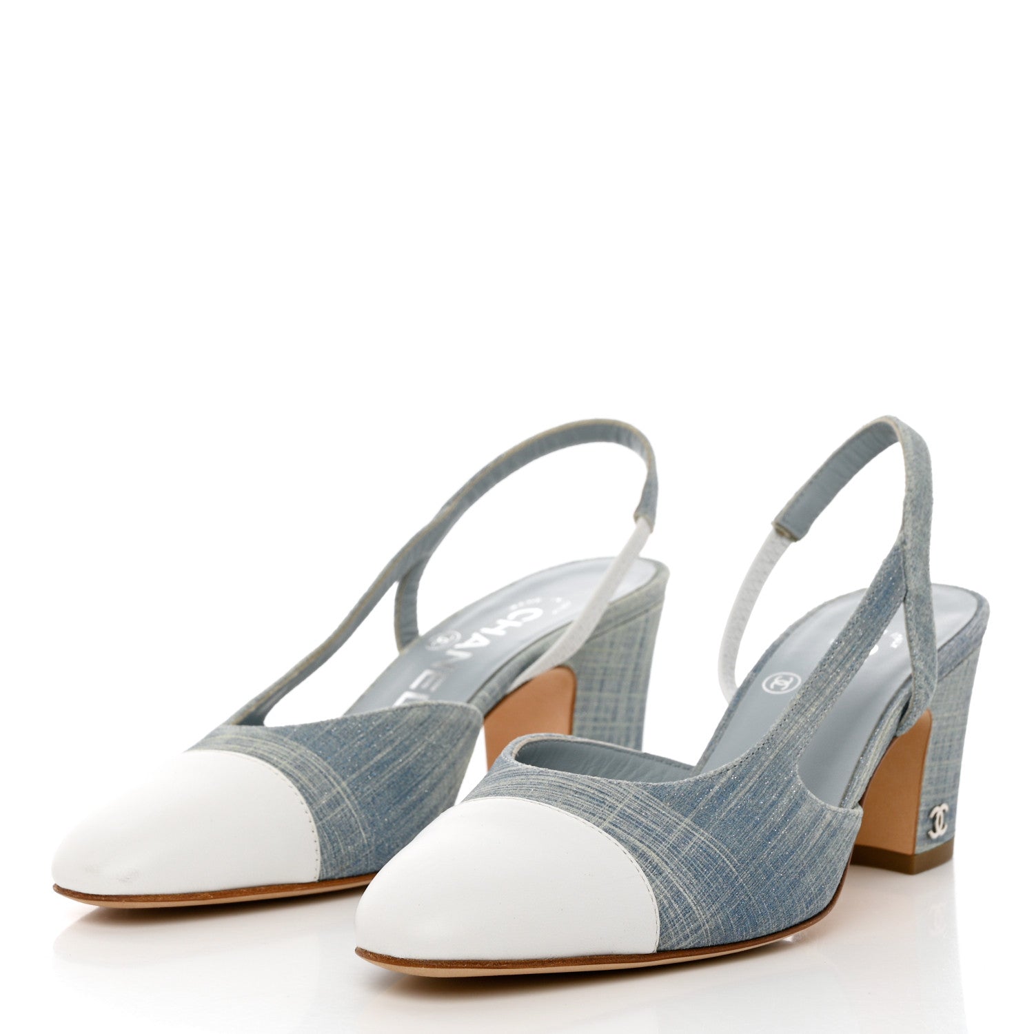 Chanel Denim Lambskin Cap Toe CC Slingback Pumps 35 Light Blue White 3 of 9