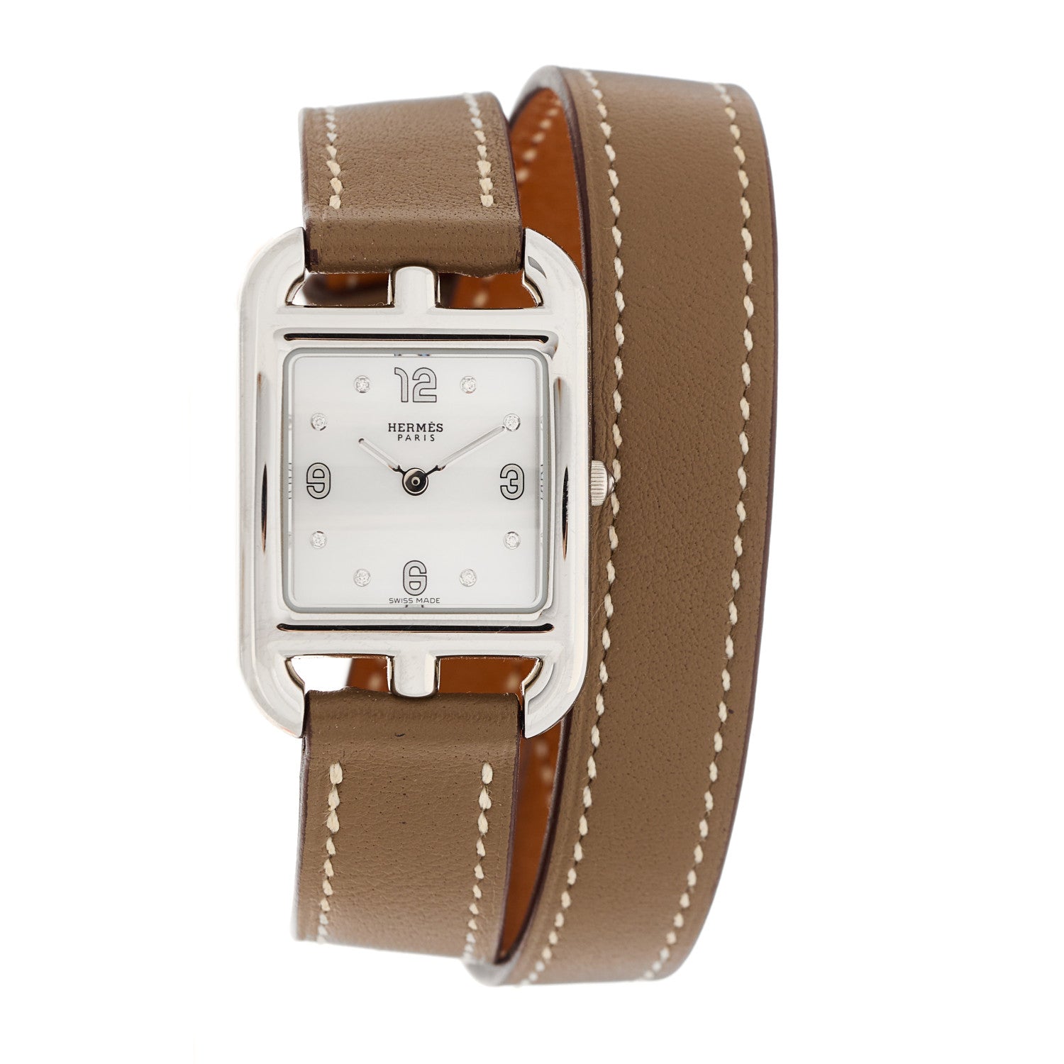 Hermes Stainless Steel Swift Diamond Mother of Pearl 23mm Cape Cod Double Tour Quartz Watch Etoupe 1 of 5