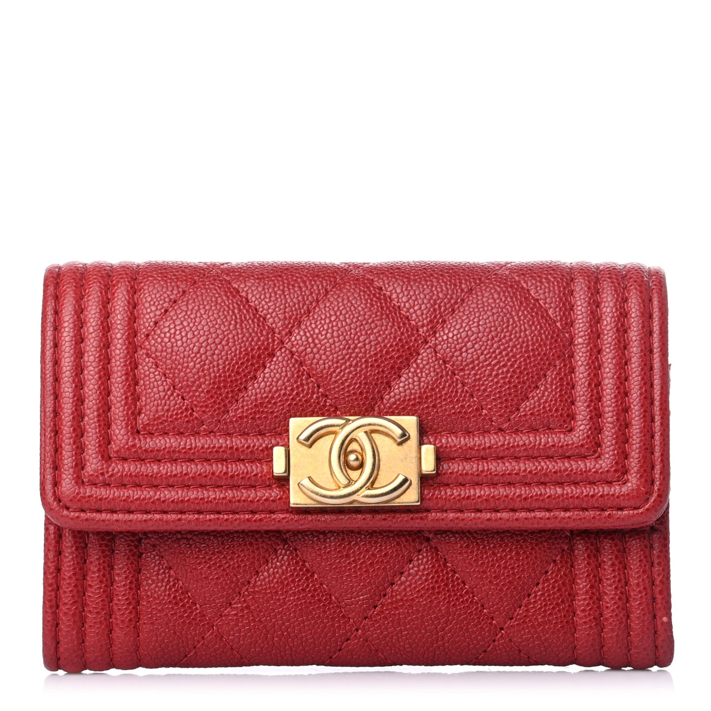 Caviar Quilted Boy Flap Card Holder Wallet Red