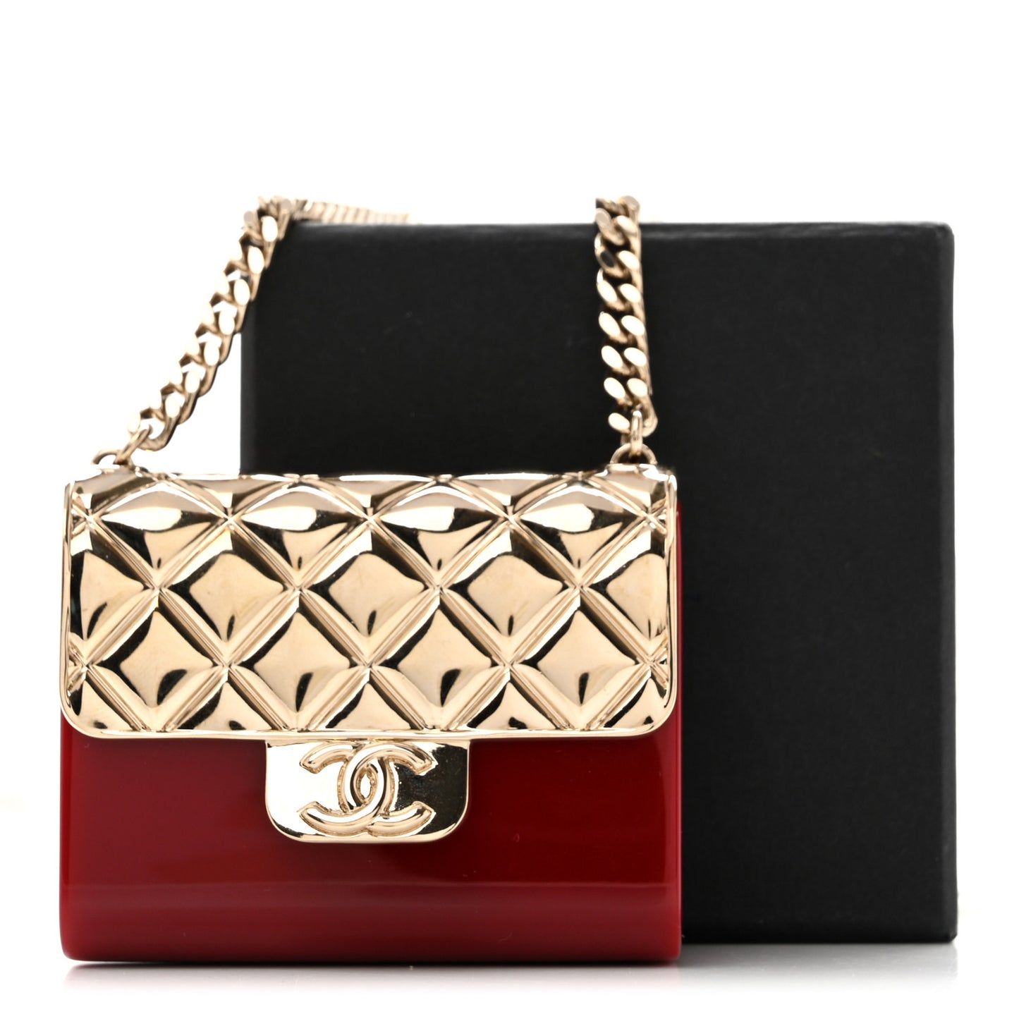 Metal Resin Flap Bag Long Necklace Gold Red