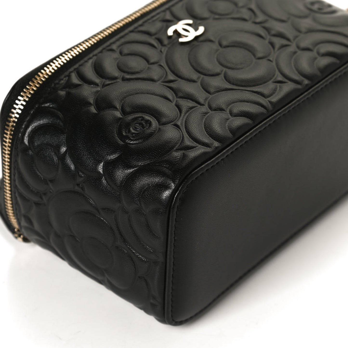 Lambskin Camellia Embossed Small Vanity Case With Chain Black
