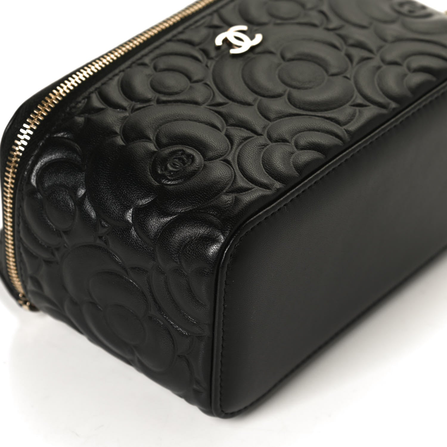 Chanel Lambskin Camellia Embossed Small Vanity Case With Chain Black 11 of 13