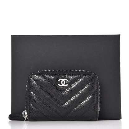 Chanel Caviar Chevron Quilted Zip Coin Purse Black 9 of 9