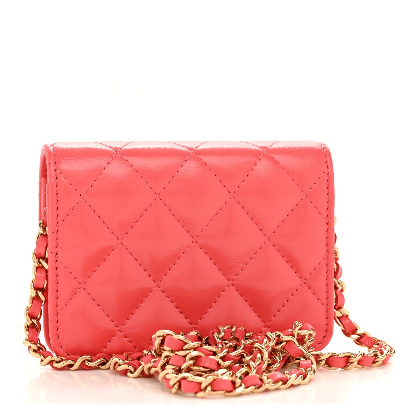 Shiny Lambskin Quilted Card Holder On Chain Pink
