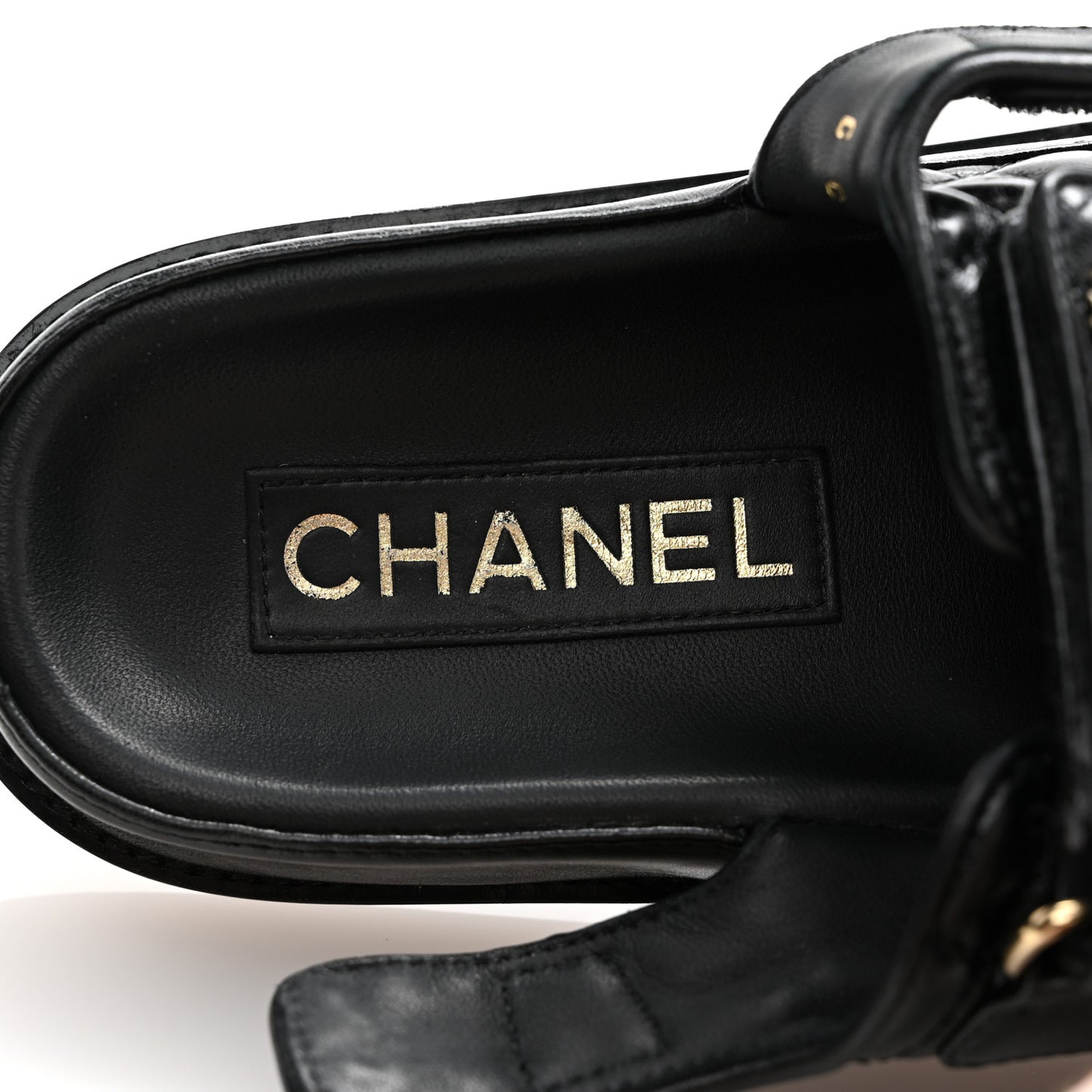 Lambskin Quilted Velcro Dad Chain CC Slide Sandals 35 Black