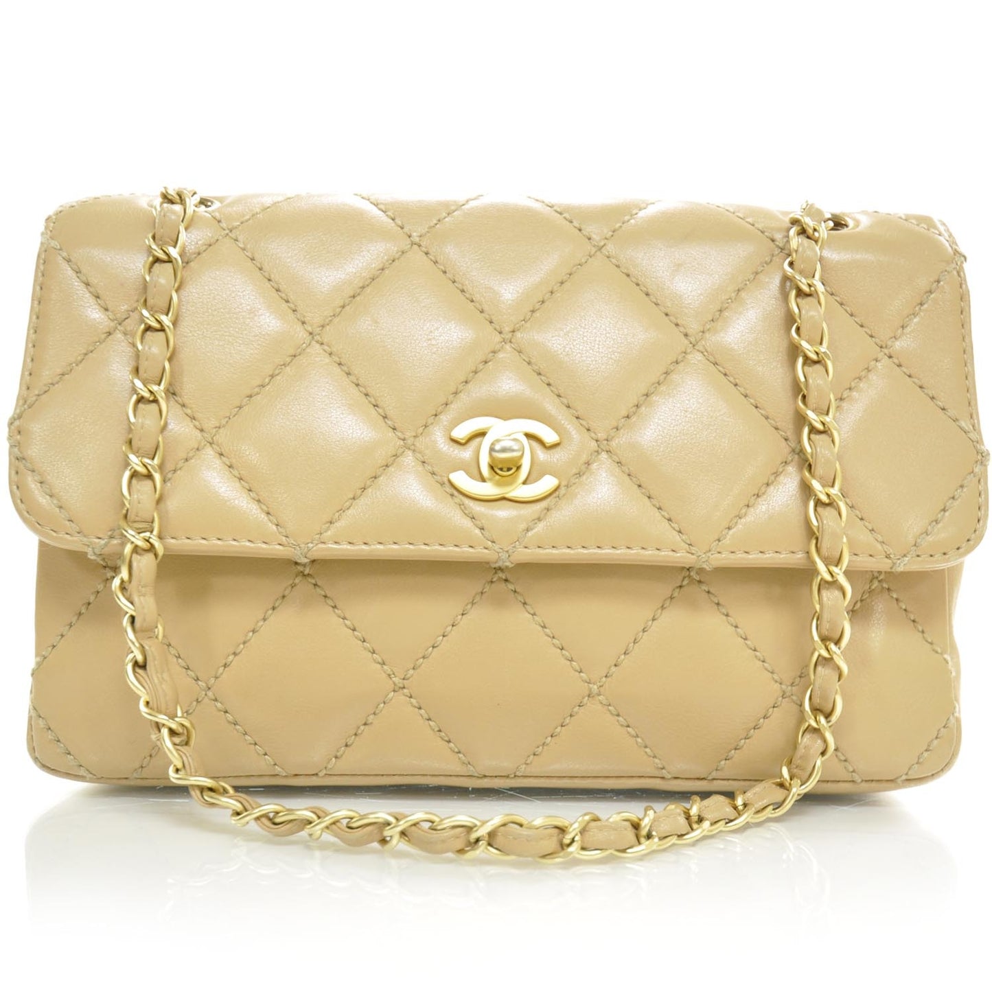 Leather Quilted Surpique Flap Beige