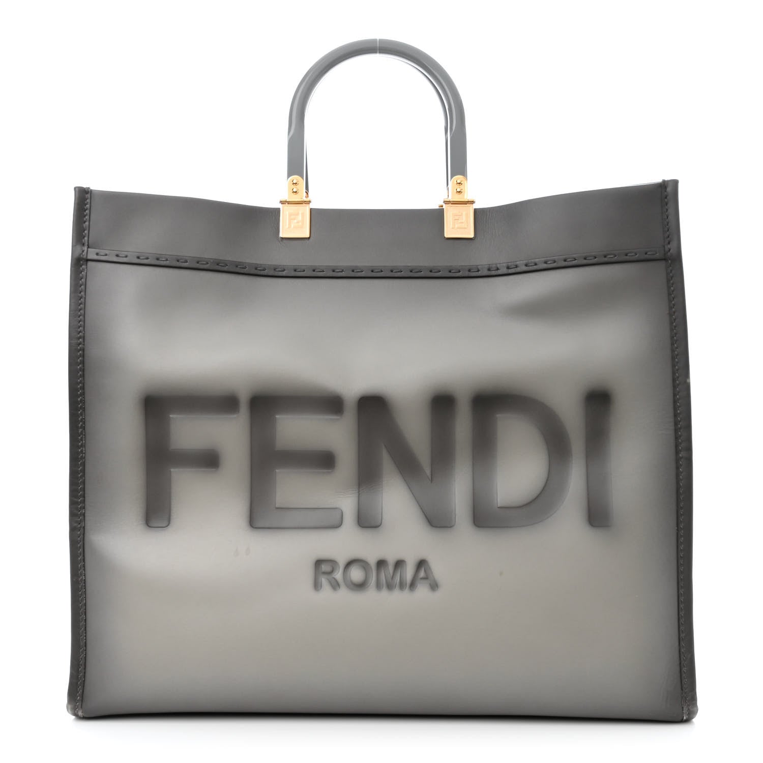 Fendi Vitello King Tamponato Plexiglass Logo Embossed Large Fendi Sunshine Shopper Tote Ghiaccio 1 of 11