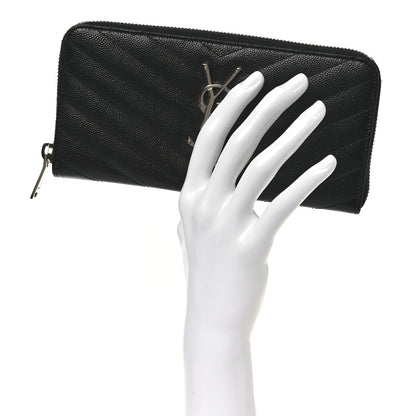 Saint Laurent Grain De Poudre Matelasse Chevron Monogram Zip Around Wallet Black 2 of 8