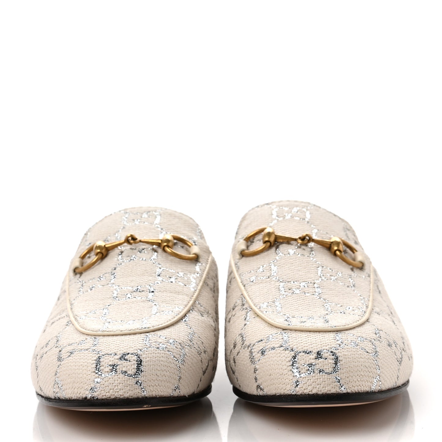 Canvas Lame GG Monogram Womens Princetown Slippers 37.5 Gardenia Silver