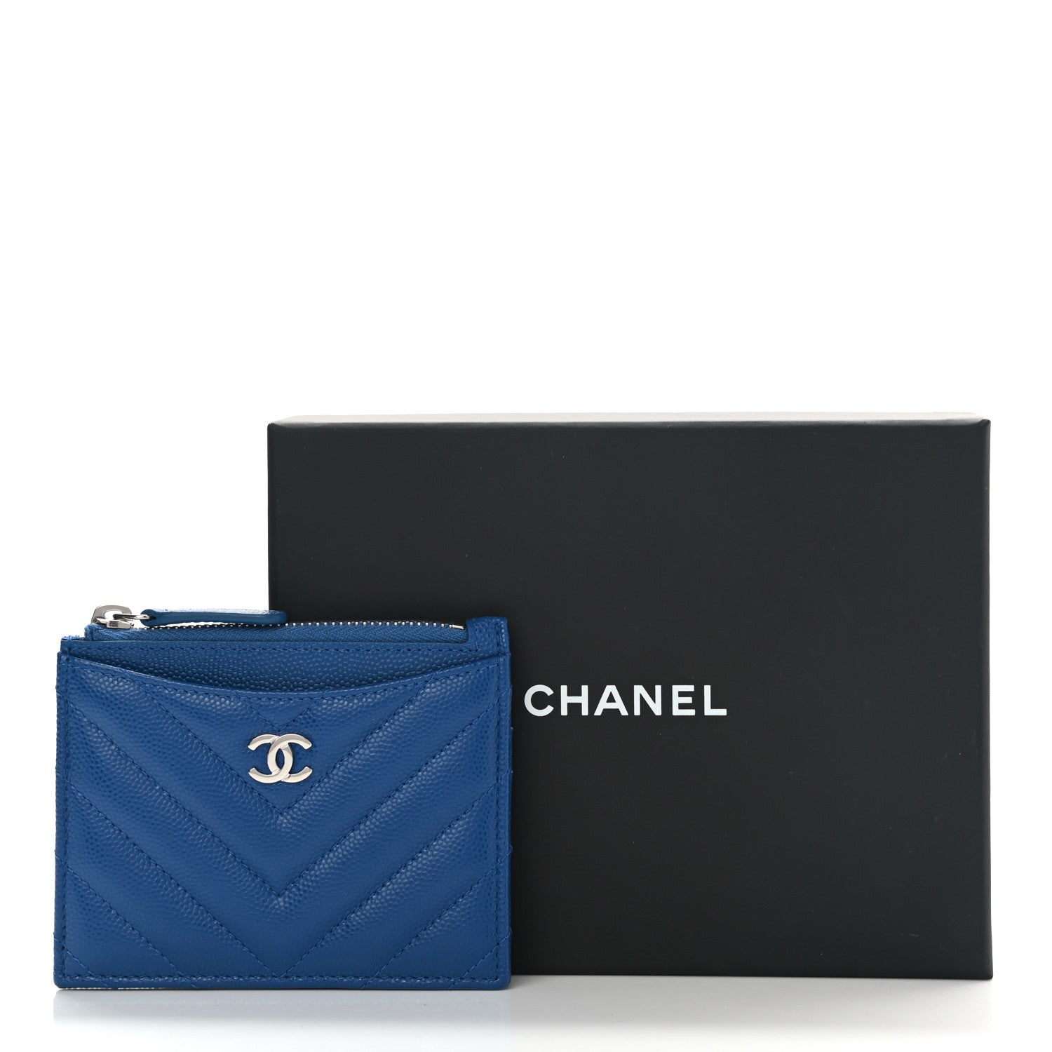 Chanel Caviar Chevron Quilted CC Zip Card Holder Blue 8 of 8