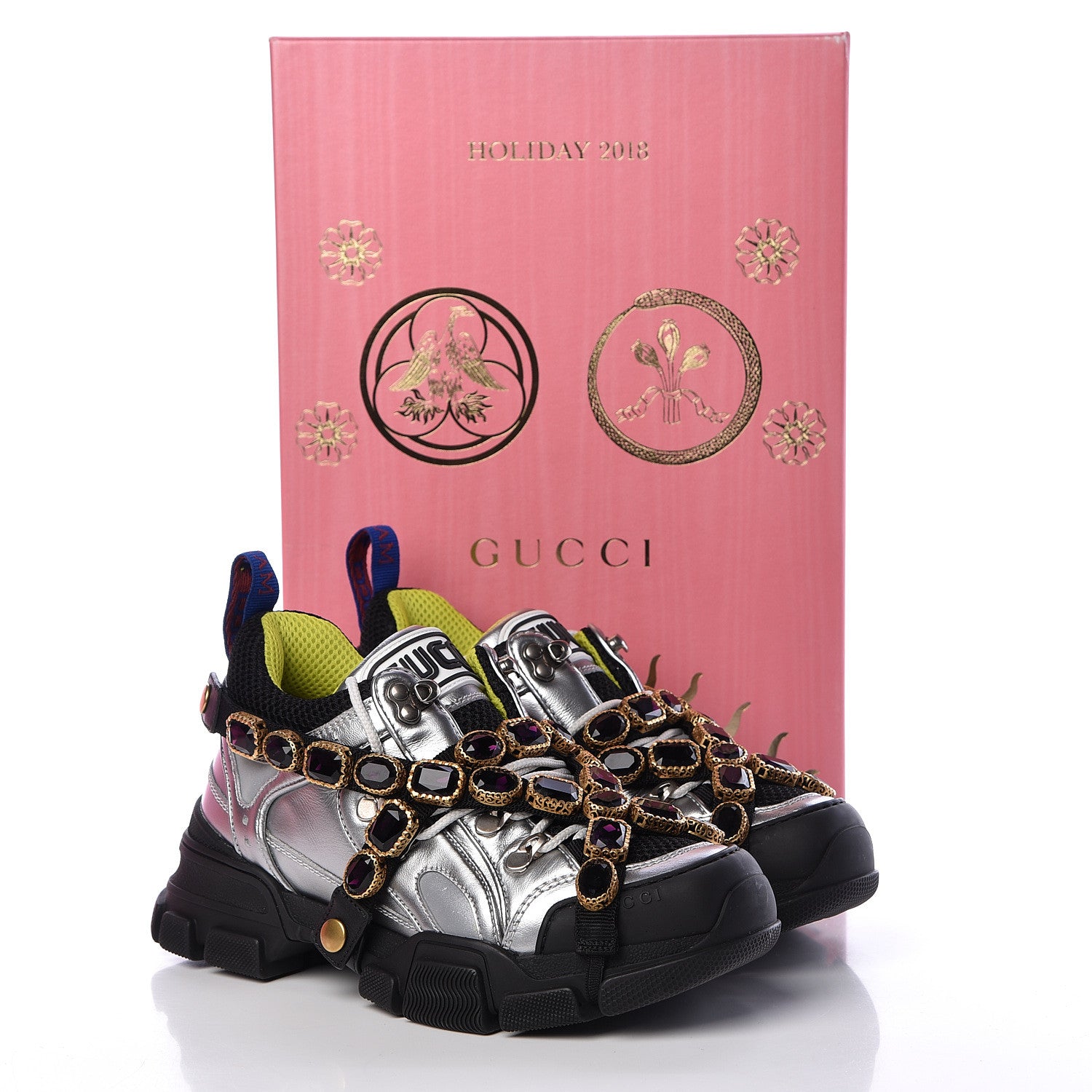 Gucci X SEGA Metallic Calfskin Mesh Removable Crystals Womens Flashtrek Sneakers 37.5 Silver Black 9 of 9