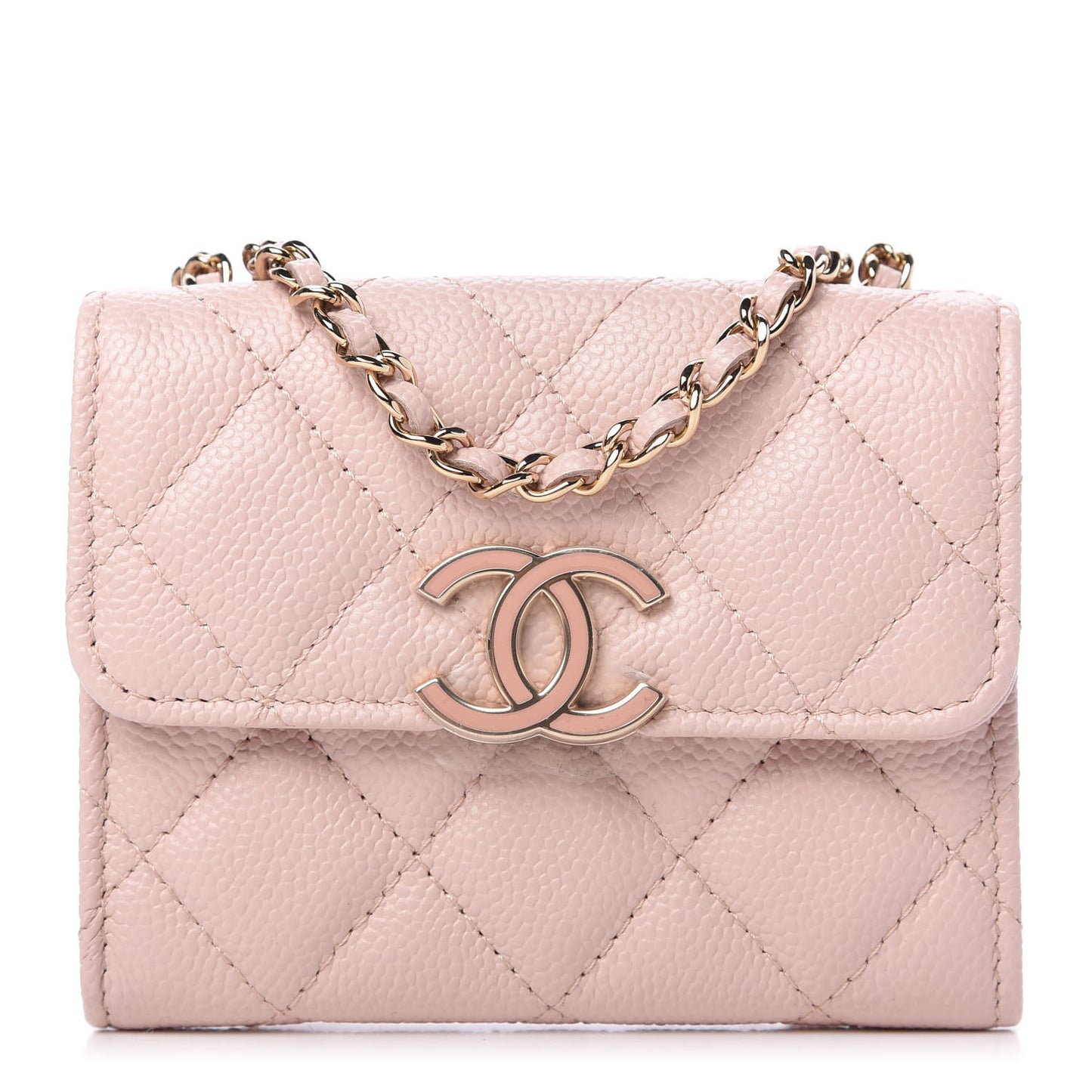 Caviar Quilted Card Holder On Chain Light Pink