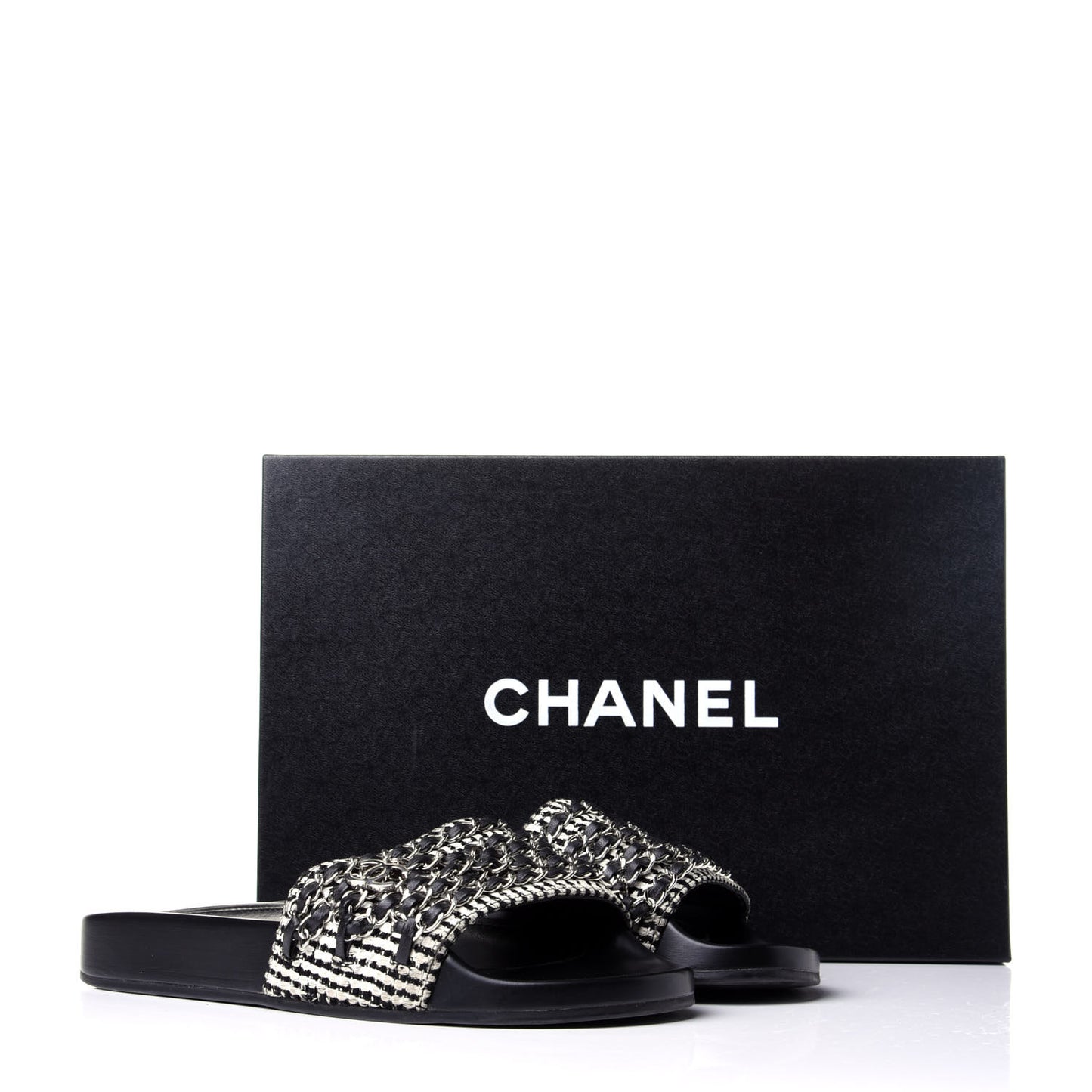 Tweed Lambskin Chain Flat Sandals 36 White Black