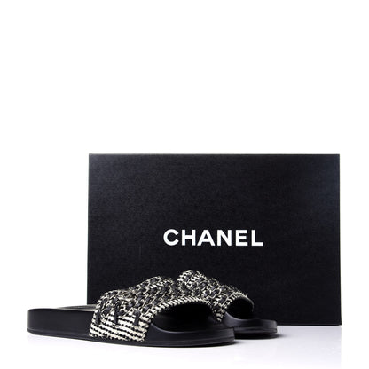 Chanel Tweed Lambskin Chain Flat Sandals 36 White Black 10 of 10