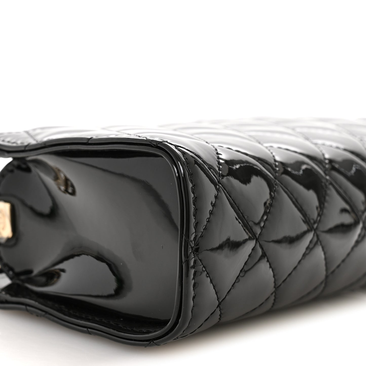 Patent Calfskin Quilted Pearl Clutch With Chain Black