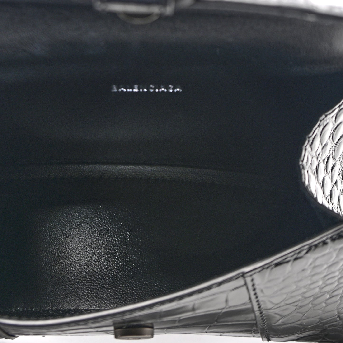 Shiny Calfskin Monochrome Crocodile Embossed Hourglass Top Handle Bag XS Black