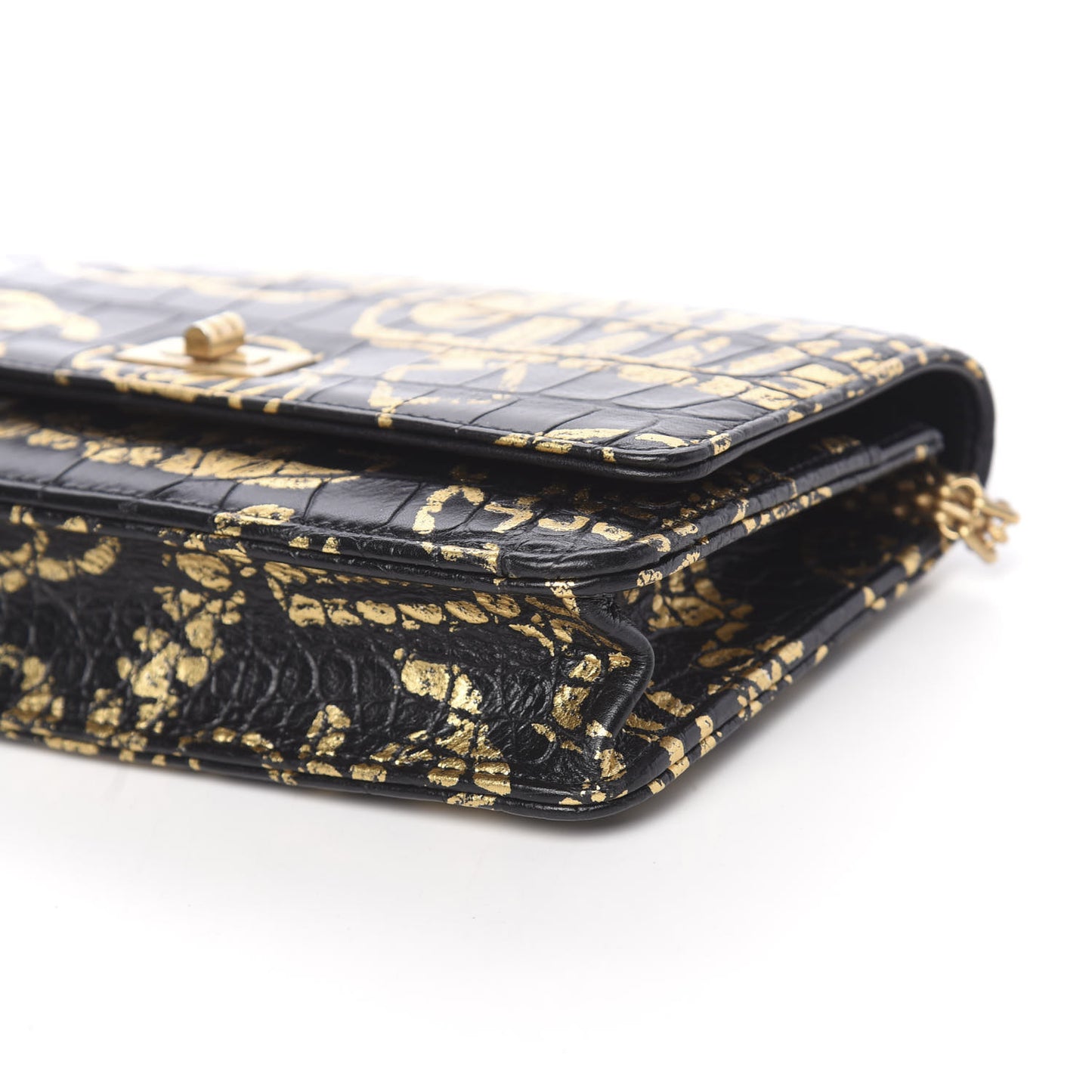Calfskin Crocodile Embossed Graffiti 2.55 Cocodile Reissue Wallet On Chain WOC Black Gold