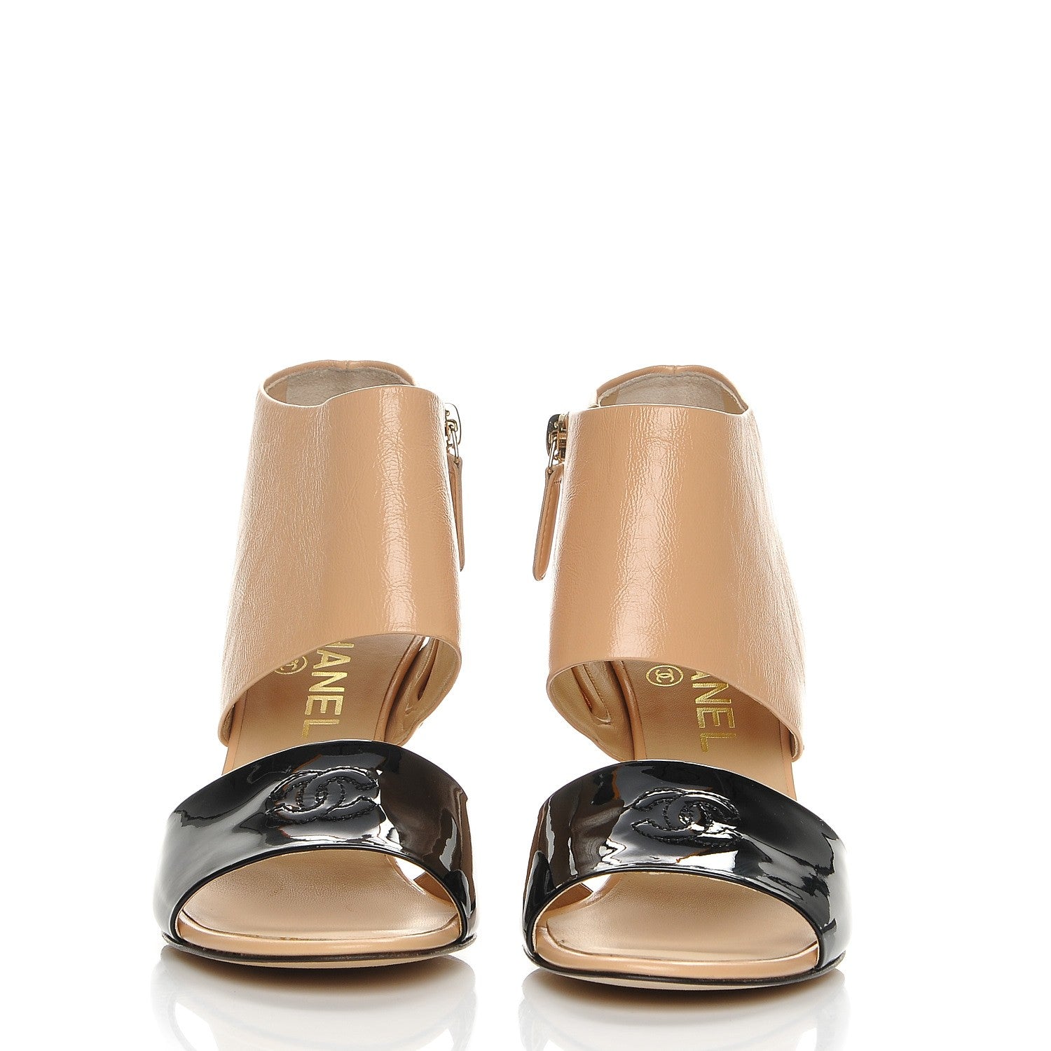 Chanel Crumpled Calfskin Patent Heel Sandals 35.5 Beige Black 2 of 9