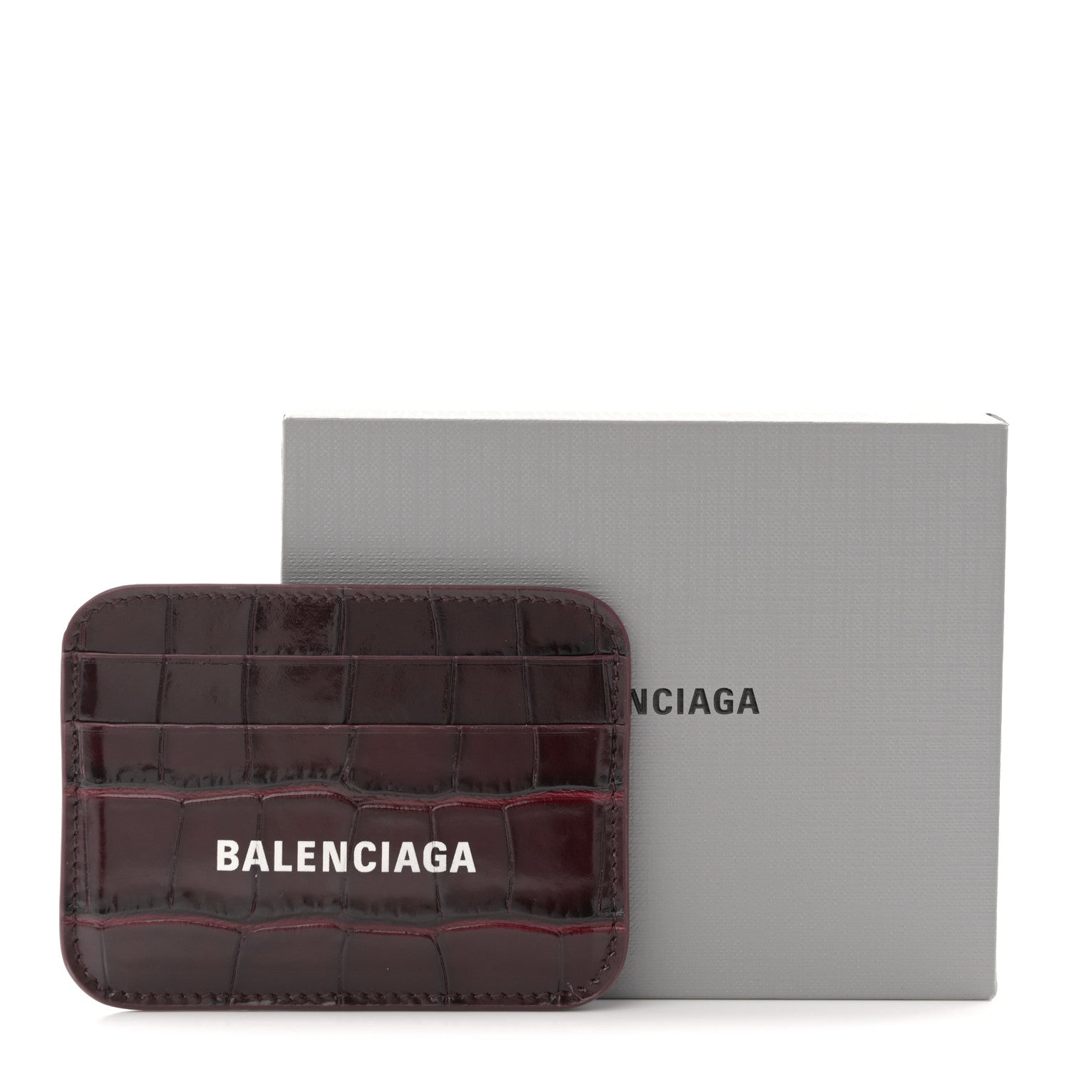 Balenciaga Shiny Calfskin Logo Crocodile Embossed Cash Rounded Card Holder Dark Red 8 of 8