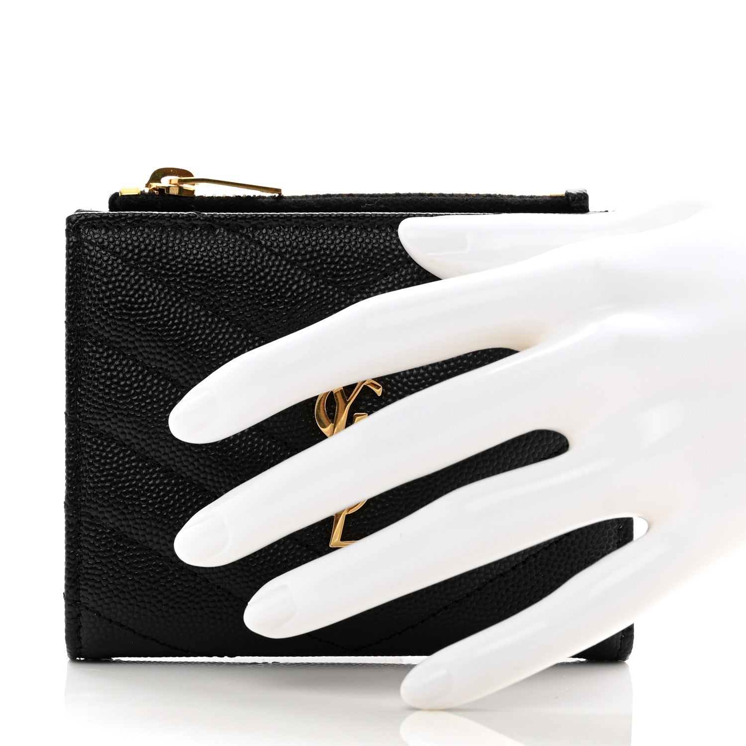 Saint Laurent Grain De Poudre Matelasse Chevron Monogram Zipped Card Case Black 2 of 7
