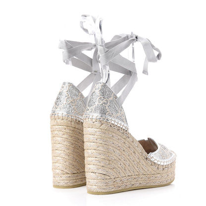 Gucci Lame GG Monogram Ankle Wrap Platform Espadrille Wedges 35.5 Silver Beige Light Grey 4 of 12