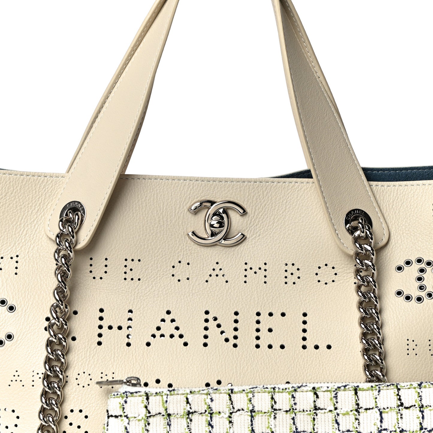 Calfskin Tweed Small Logo Eyelets Shopping Tote Beige