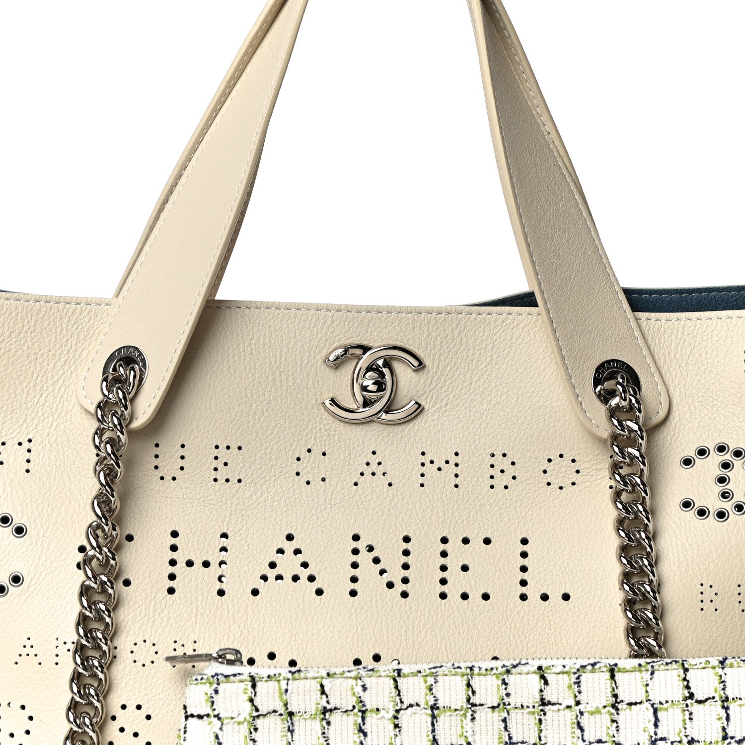 Chanel Calfskin Tweed Small Logo Eyelets Shopping Tote Beige 10 of 13