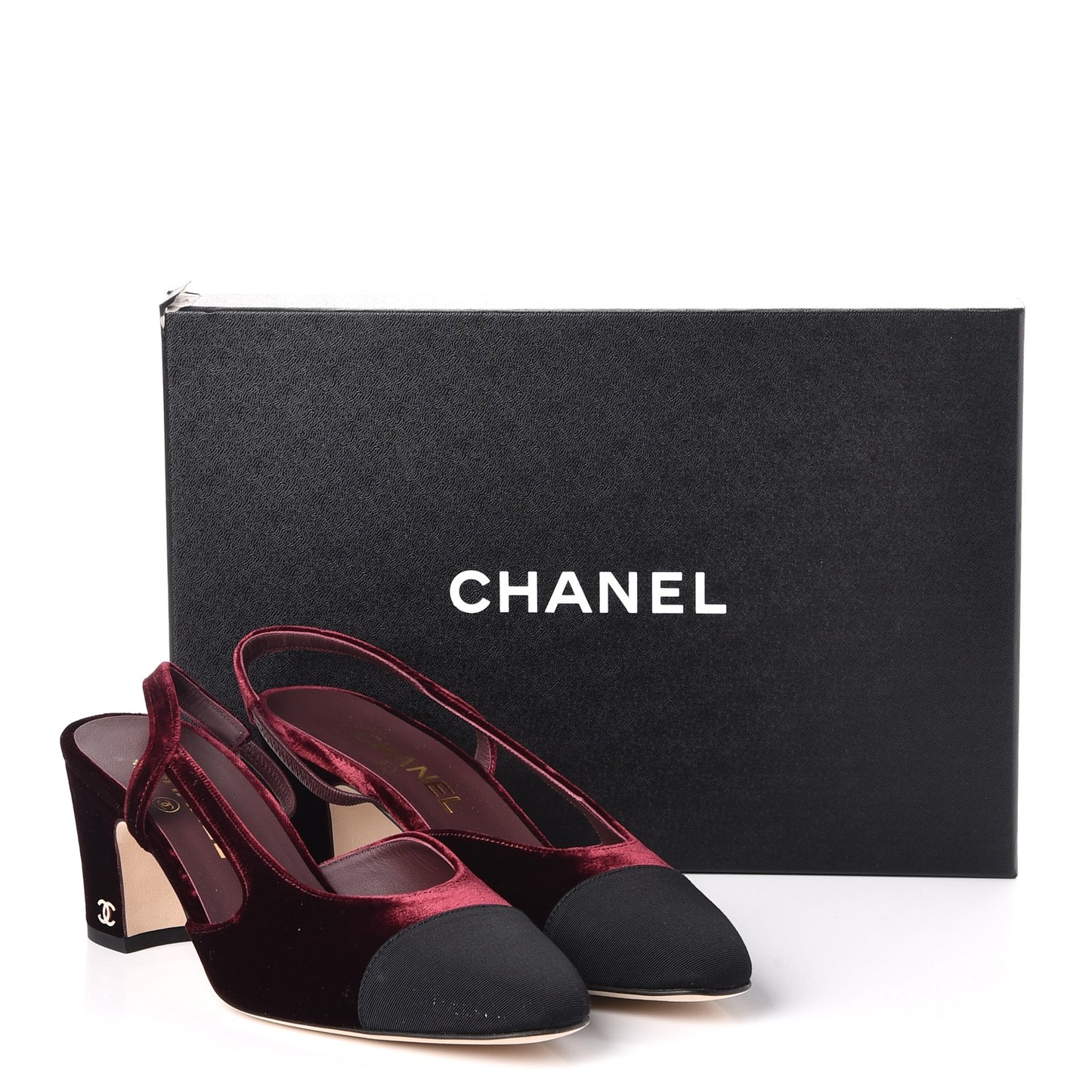 Velvet Grosgrain Cap Toe CC Slingback Pumps 38.5 Burgundy Black