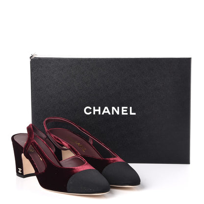 Chanel Velvet Grosgrain Cap Toe CC Slingback Pumps 38.5 Burgundy Black 9 of 9