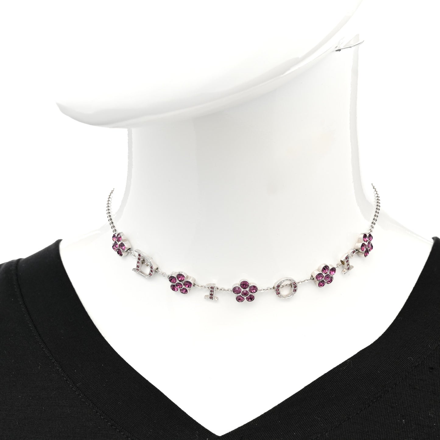 Crystal Flower Choker Necklace Silver Purple