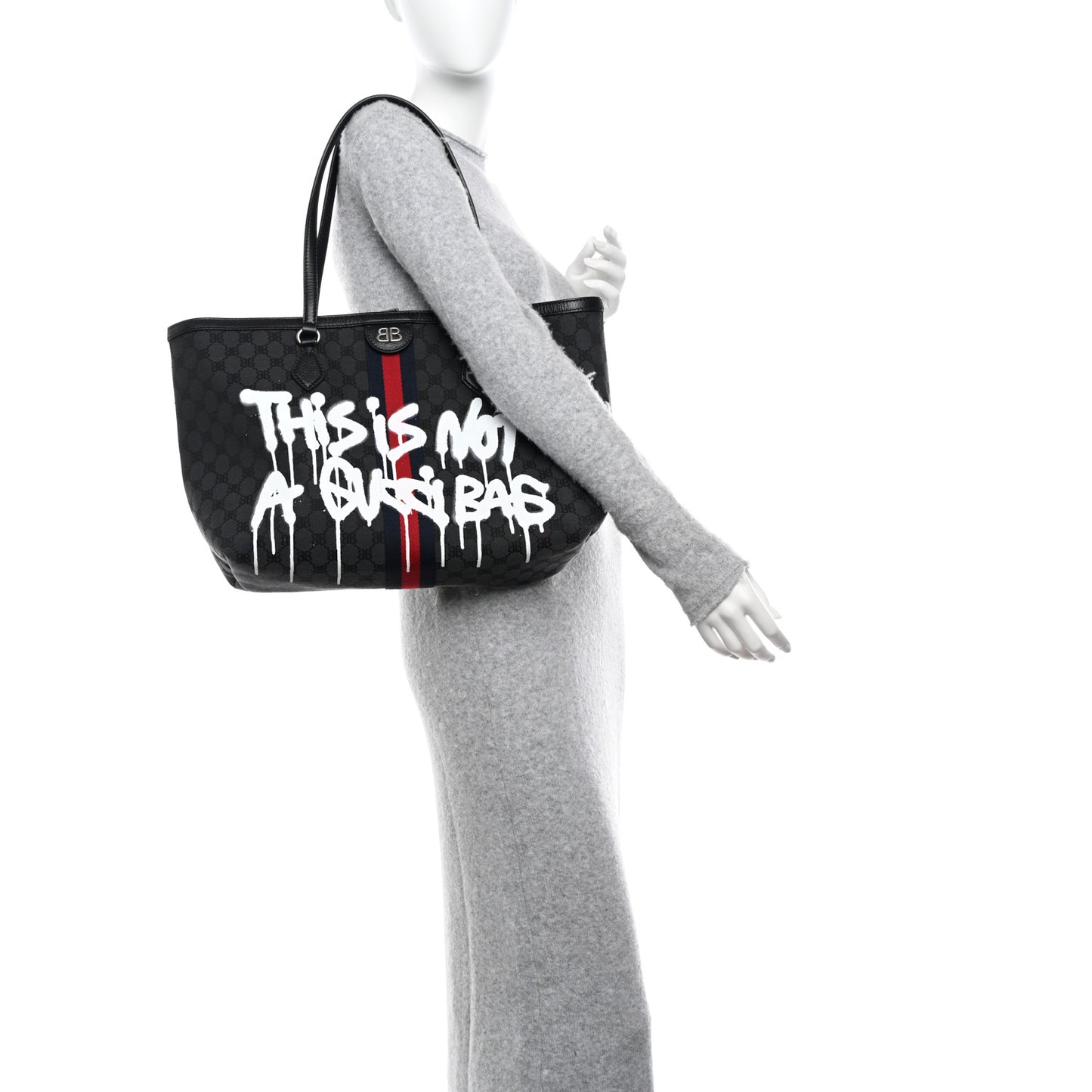 X BALENCIAGA BB Monogram Web Graffiti Medium Ophidia Shopping Tote Black