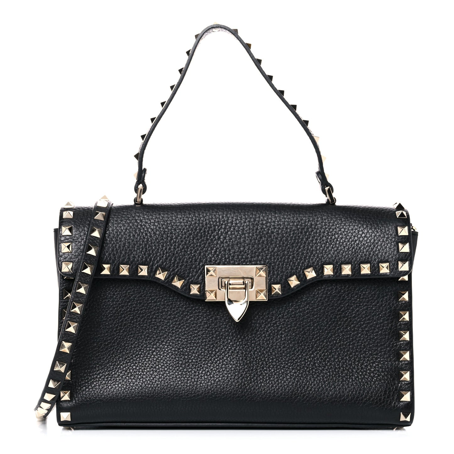 Pebbled Calfskin Small Rockstud Single Handle Flap Bag Black