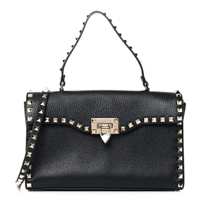 Valentino Garavani Pebbled Calfskin Small Rockstud Single Handle Flap Bag Black 1 of 15