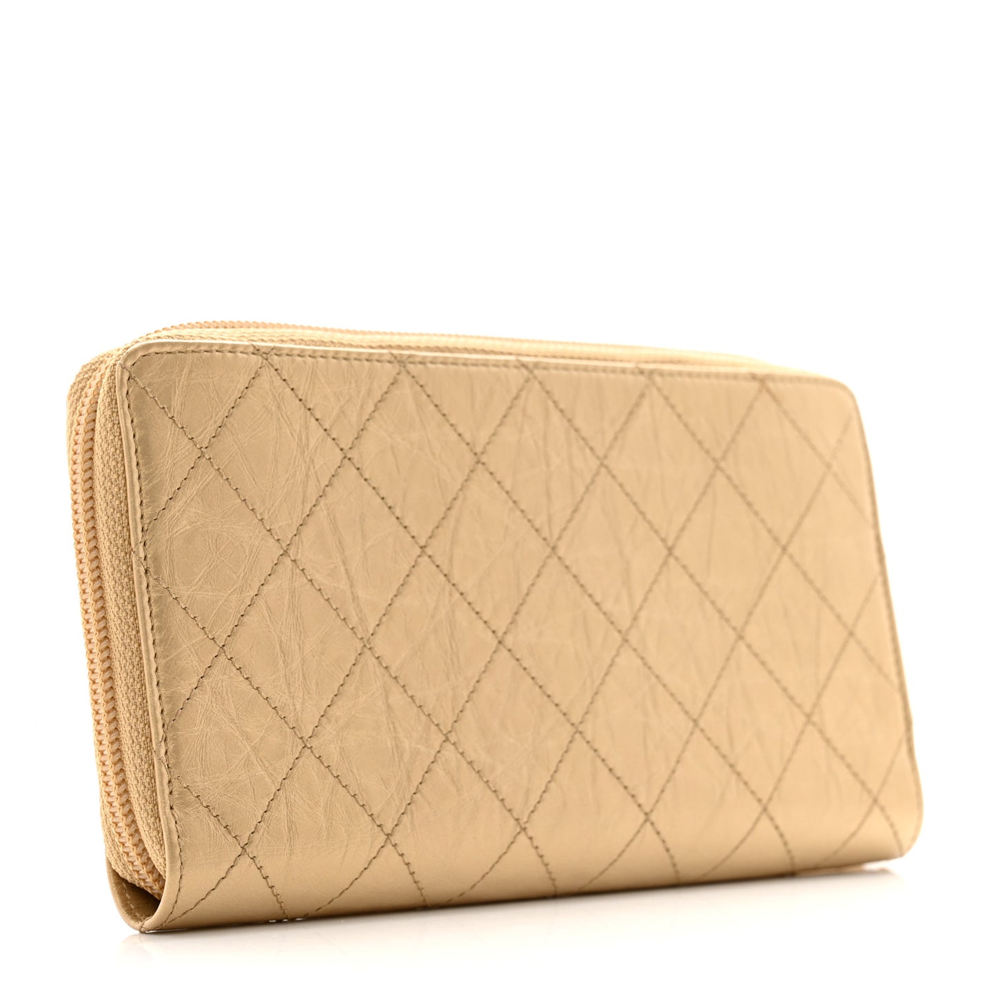 Metallic Aged Calfskin Quilted Palette Gusset Zip Around Wallet Gold