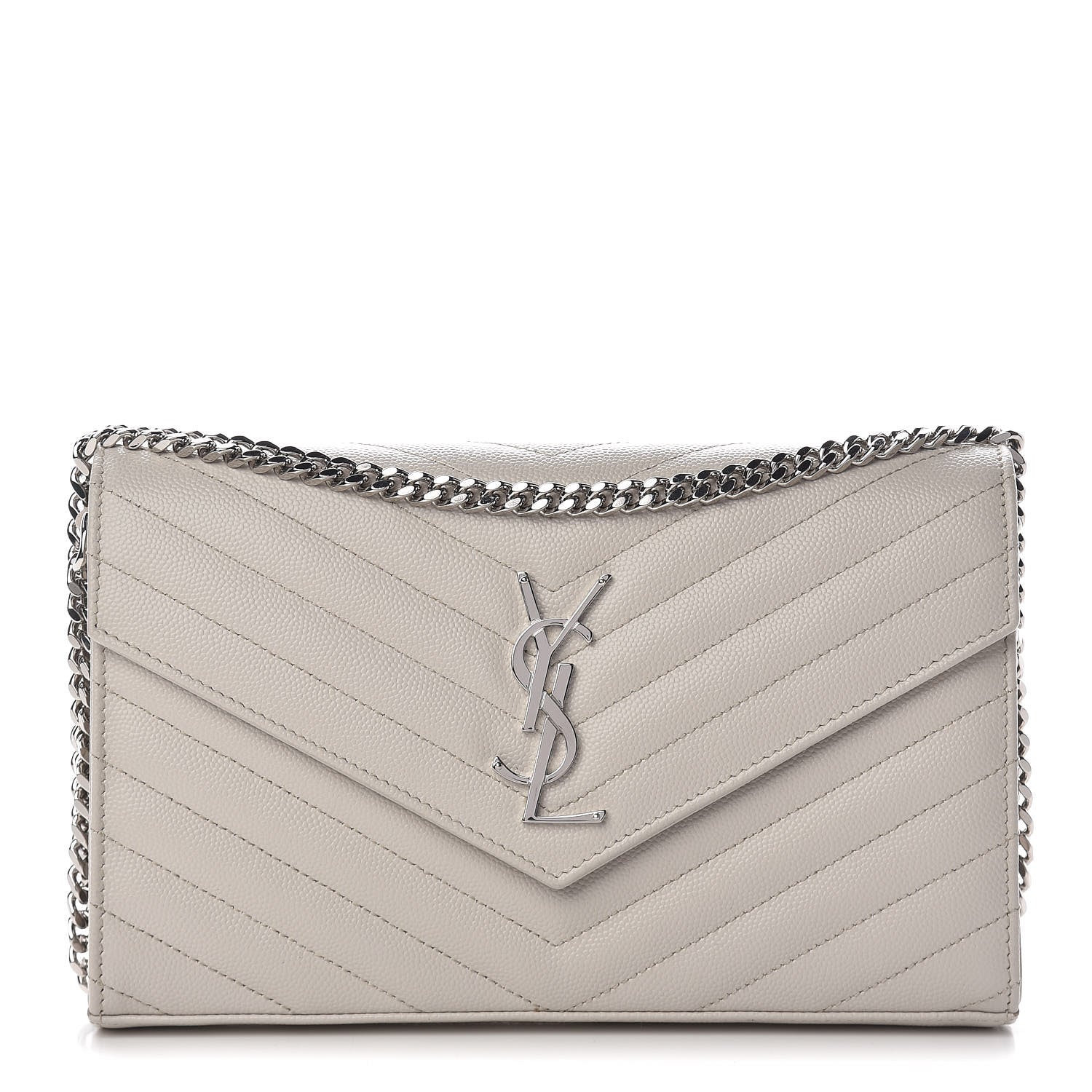 Saint Laurent Grain De Poudre Matelasse Chevron Monogram Chain Wallet Icy White 1 of 9